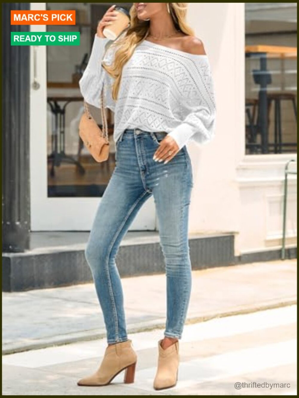 Off Shoulder Oversized Knit Batwing Long Sleeve Crochet Pullover Sweater - Picture 5 of 6